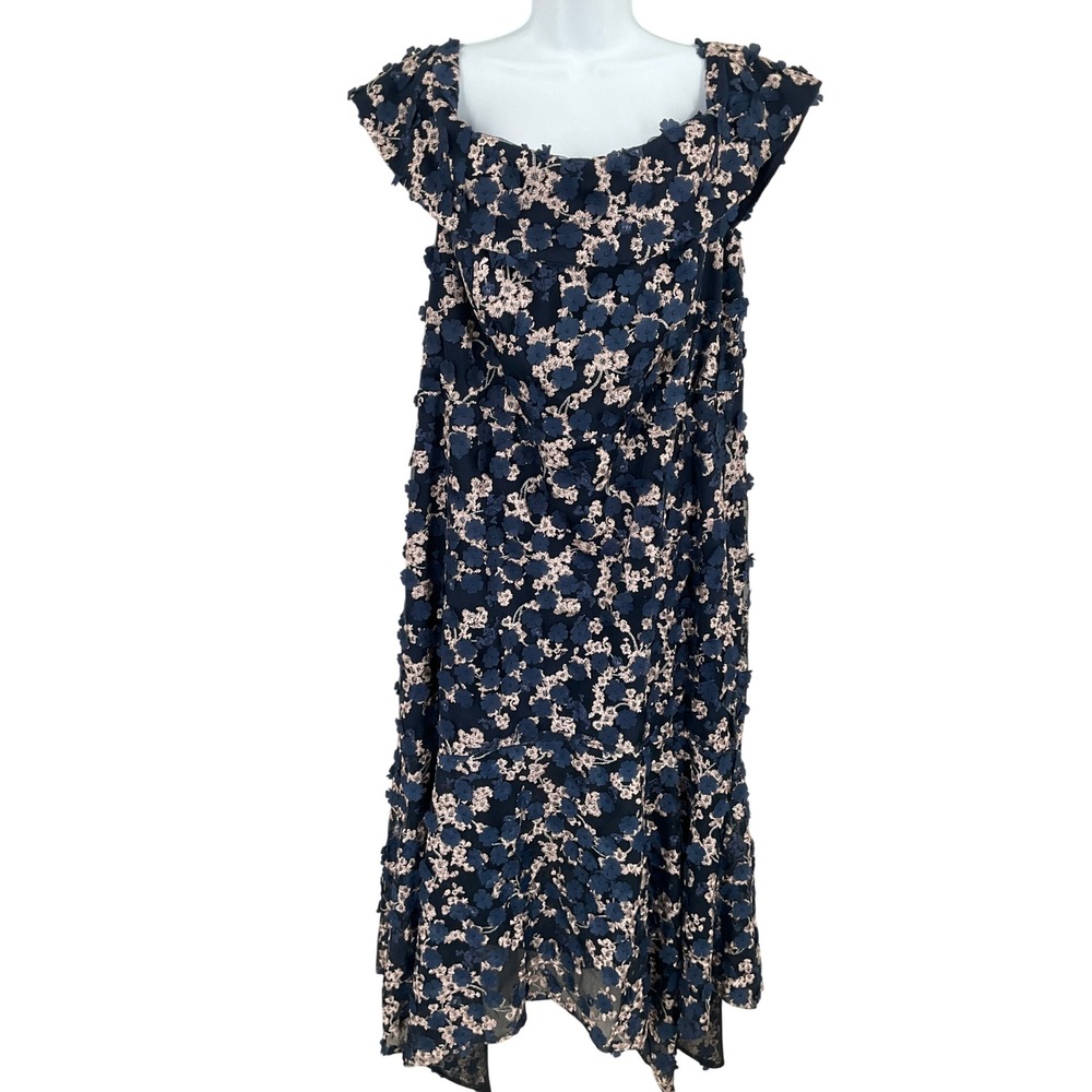 Xscape Floral Dress Womens 18W Navy Blue Pink 3D Applique Midi Cocktail Evening